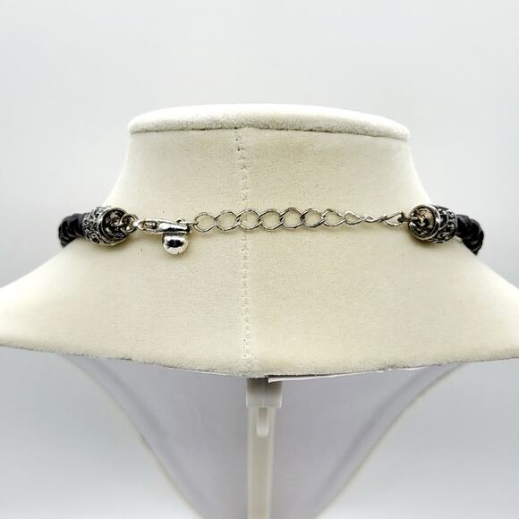 Black Faux Leather Woven Rope Imitation Pearl Closure Choker Necklace Unbranded - Picture 2 of 10